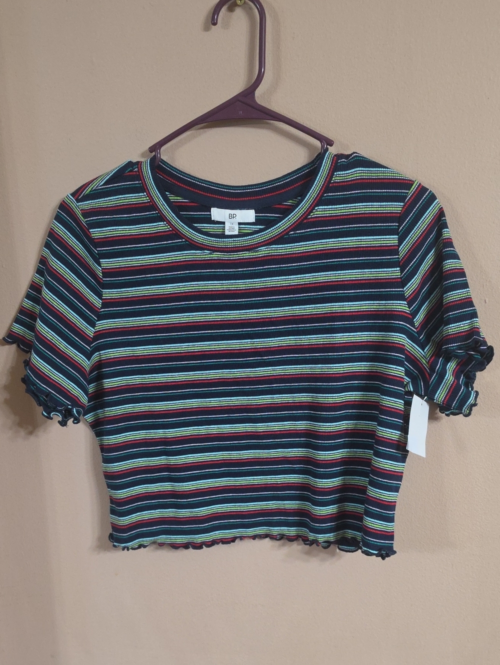 bp Striped Rib-Knit Crop Top in Black with Red, Green, Yellow and Blue Stripes